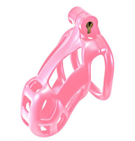 Kink Chastity Series Locking Cock Cage Medium Pink, customizable chastity device in bold pink color.