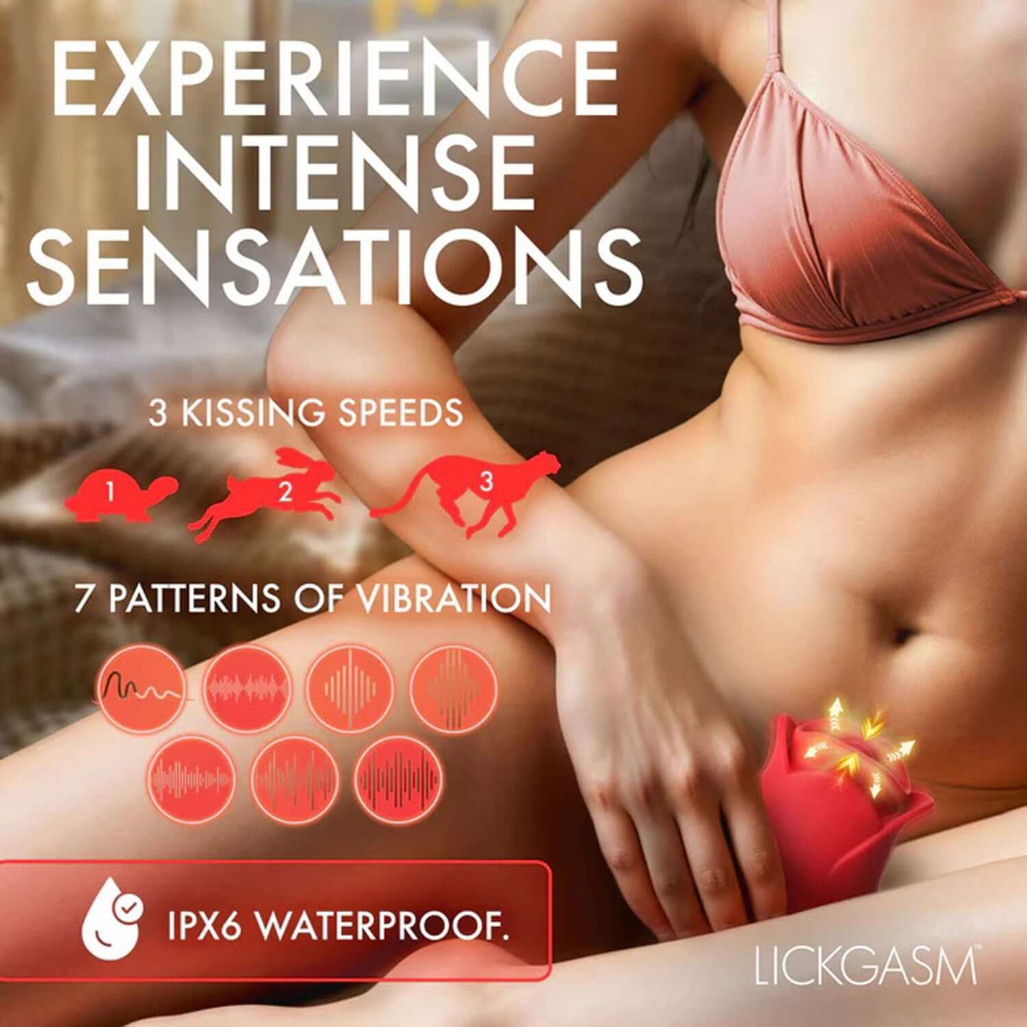 Woman using Sweet Kiss Vibrating Clitoral Stimulator with 3 kissing speeds, 7 vibration patterns, and IPX6 waterproof feature.