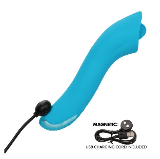 Kroma Turbo Exciter Rechargeable Mini Massager Blue showing its sleek design and magnetic USB charging cord.