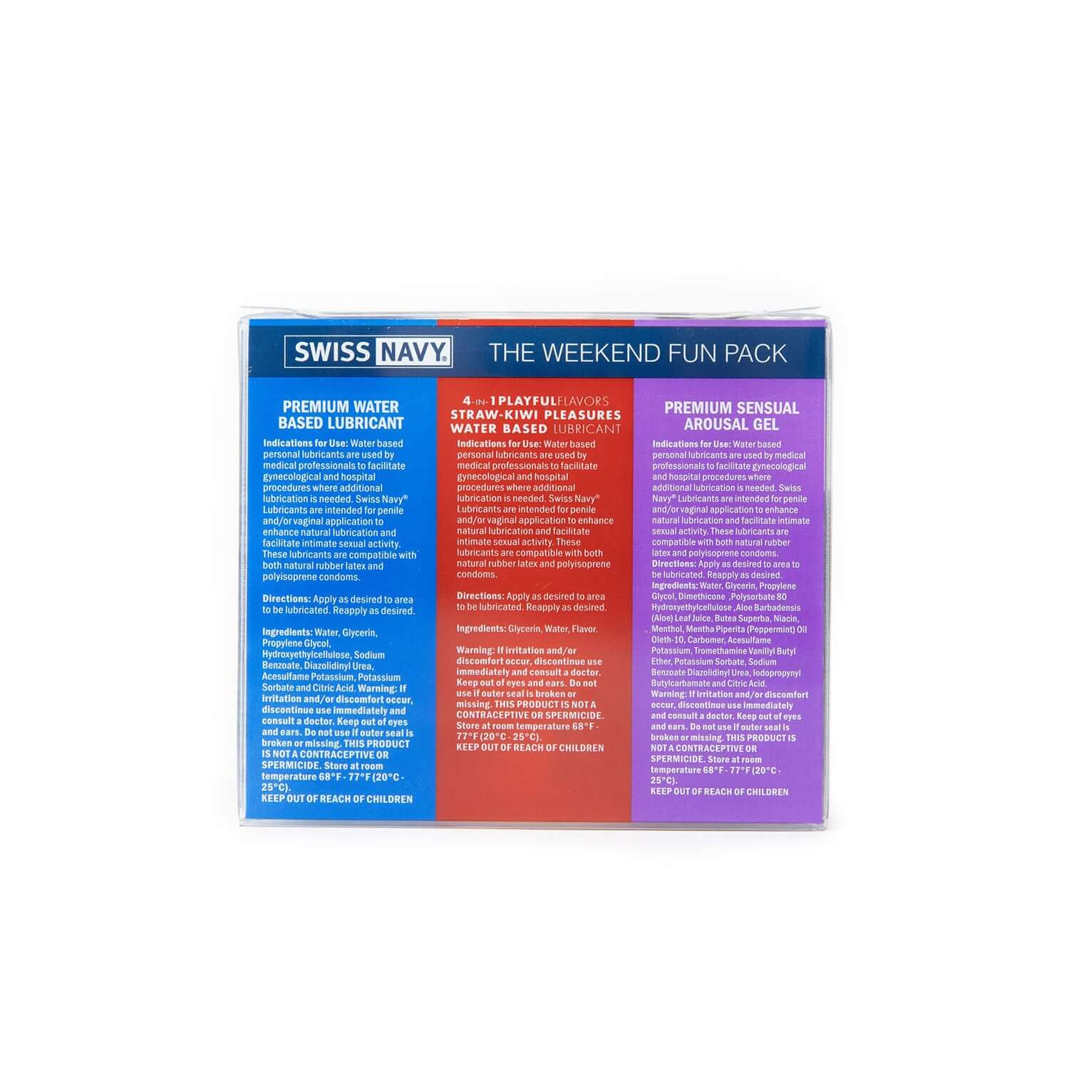 Swiss Navy Weekend Fun Pack with sensual arousal gel, strawberry kiwi glide, and premium water-based lubricant.