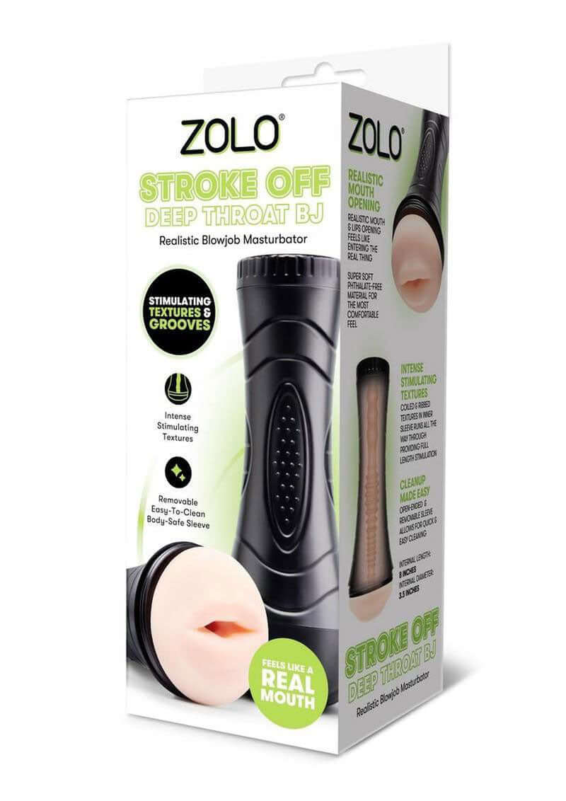 Zolo Stroke Off Deepthroat Bj Masturbator packaging showcasing realistic design and stimulating textures for an authentic experience.