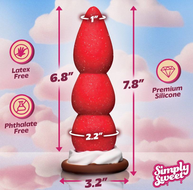 Strawberry Sweet Cream Premium Silicone Dildo with vibrant design and dimensions labeled.