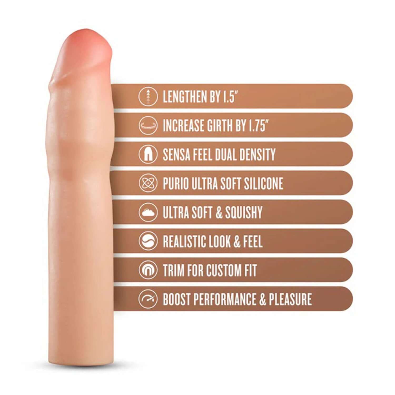 Performance Plus 1.5 Inch Silicone Penis Xtender Beige features with length and girth enhancements.