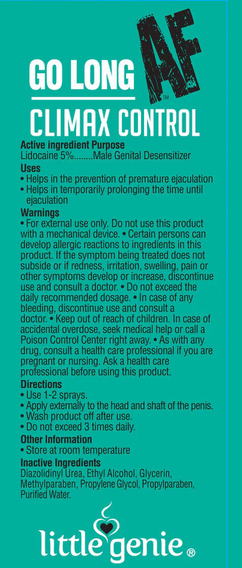 Go Long Af Climax Control for Him Spray 1 Oz label with ingredient list and usage instructions.