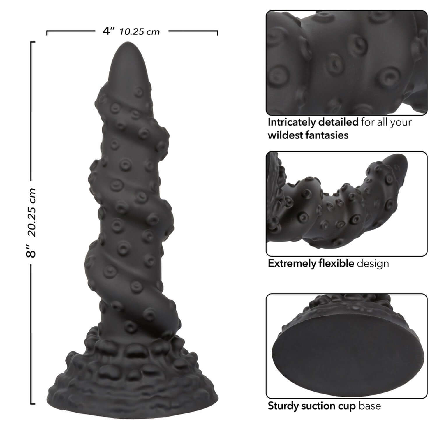 Monster Dong The Kraken 8-inch black toy with firm, life-like design, premium liquid silicone, 4-inch width, sturdy suction cup base.