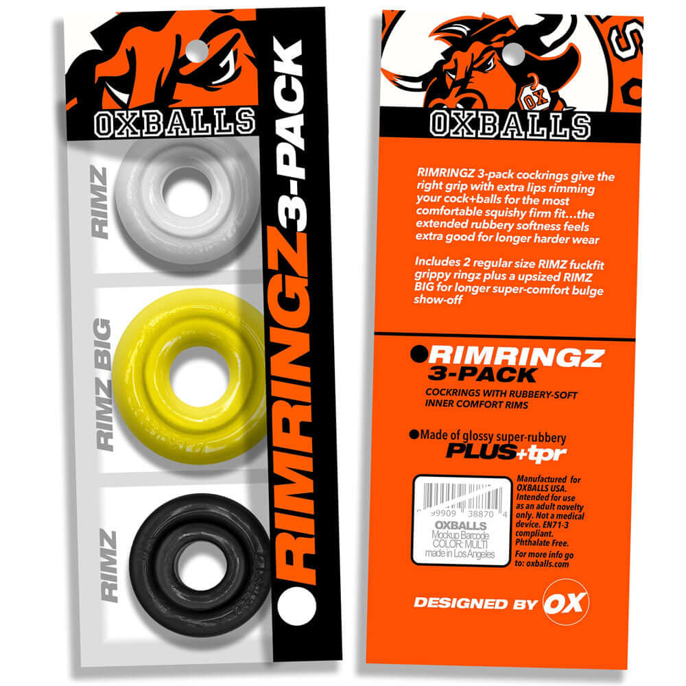 Oxballs Rimringz Multi Size 3 Pack Shockwave featuring three cock rings in various sizes and colors on packaging.