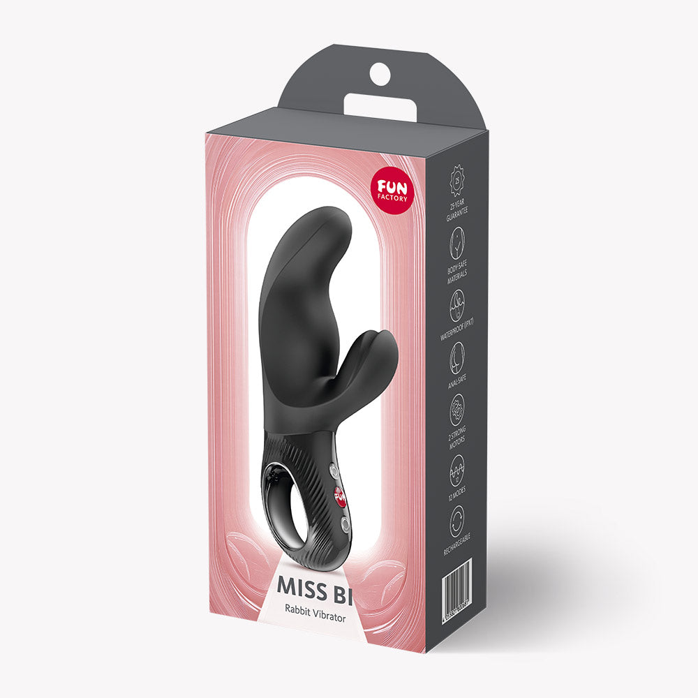 Fun Factory Miss Bi Rabbit Vibrator Black in a sleek packaging showcasing its dual stimulation design.