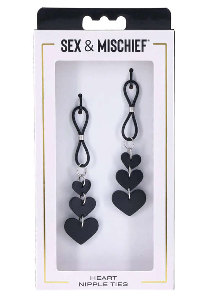 Sex & Mischief Heart Nipple Ties Black in sleek packaging featuring decorative heart design and adjustable functionality.