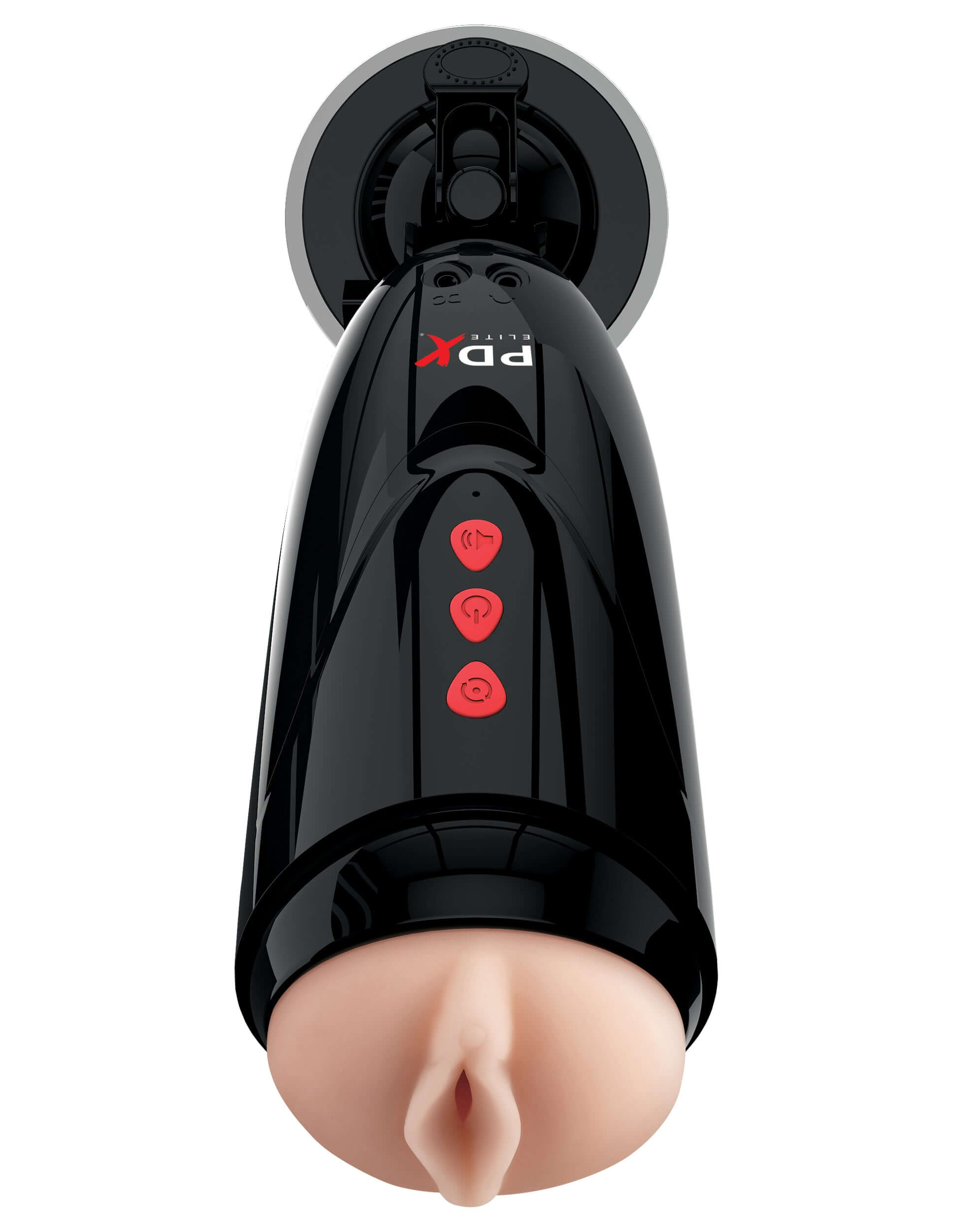 Pdx Elite Dirty Talk Starter Stroker featuring a sleek design and suction base for hands-free use.