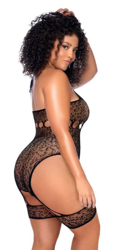 Leopard Halter Fishnet Bodysuit - Curve Os - Black-1