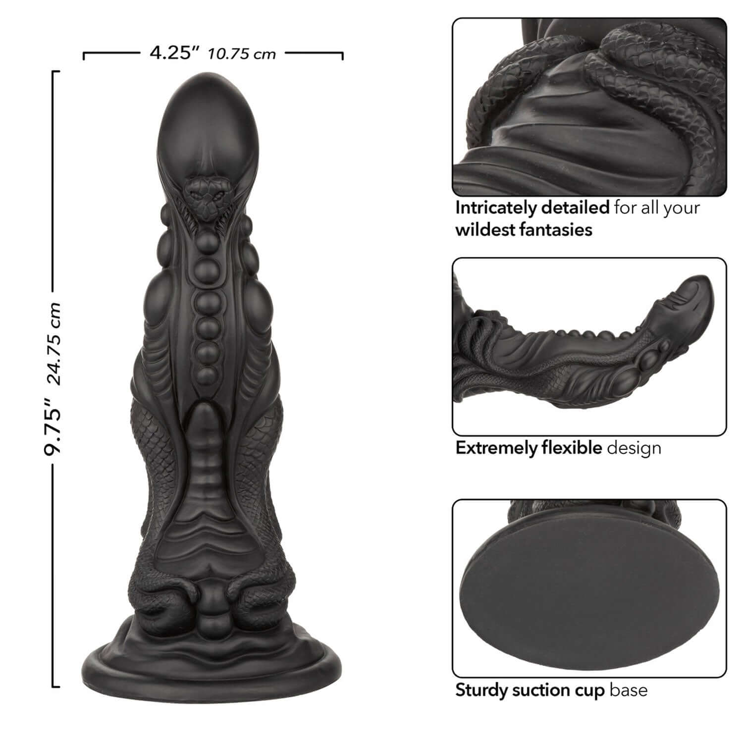 "Monster Dong The Colossus 9.75 inches Black with intricate details, flexible design, and sturdy suction cup base"