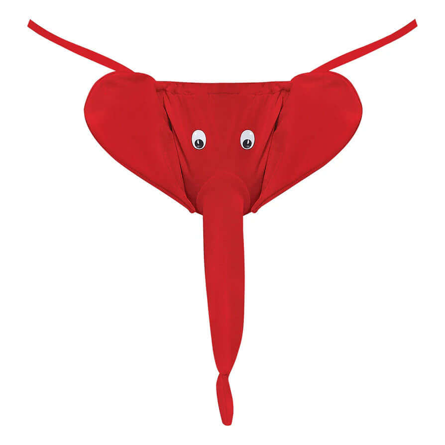 Squeaker Elephant G-String One Size Red featuring playful elephant design with ears and trunk for humorous occasions.