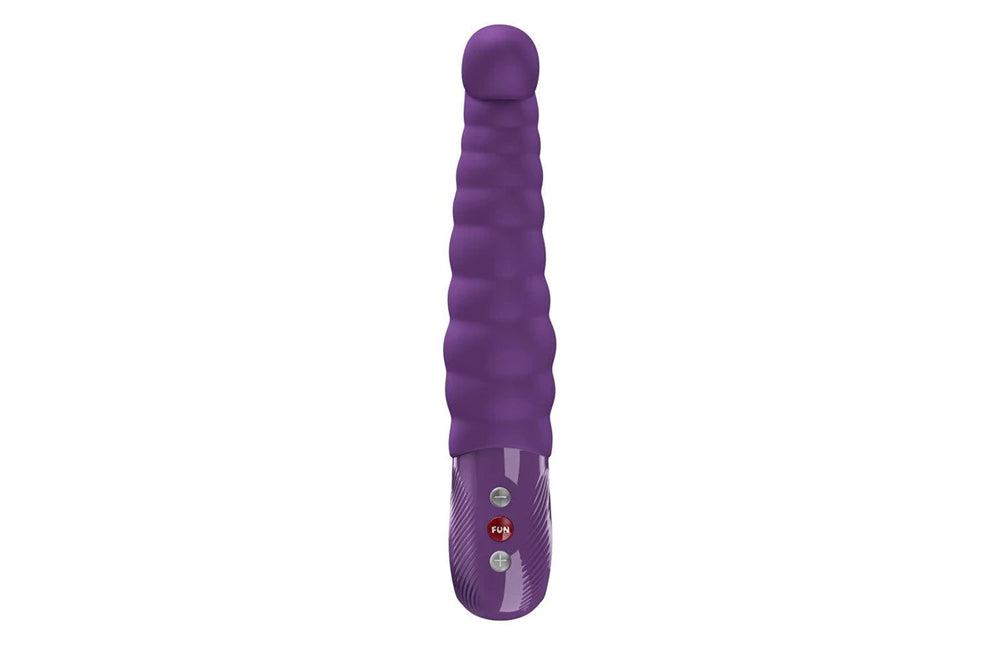 Fun Factory Patchy Paul G-Spot Vibrator Dark Violet with ribbed texture and curved tip for G-spot stimulation.