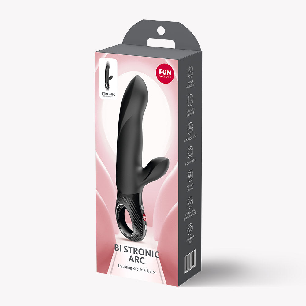 Fun Factory Bi Stronic Arc Vibrator Black packaging showcasing advanced dual stimulation design.