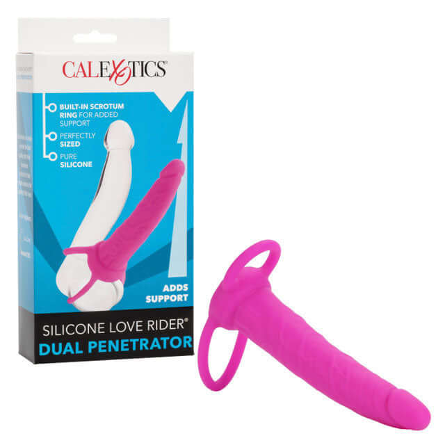 Silicone Love Rider Dual Penetrator Pink packaging with product displayed, highlighting its dual functionality and design.