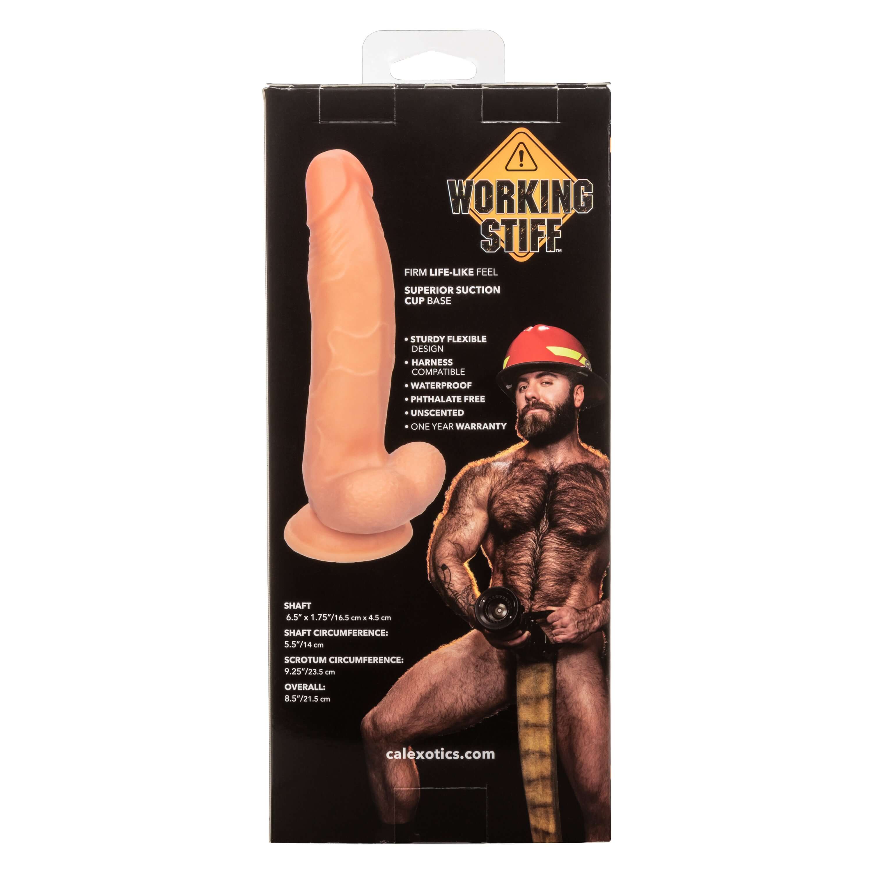 Working Stiff the Fireman Dildo Ivory packaging showcasing its lifelike design and features for intimate play.