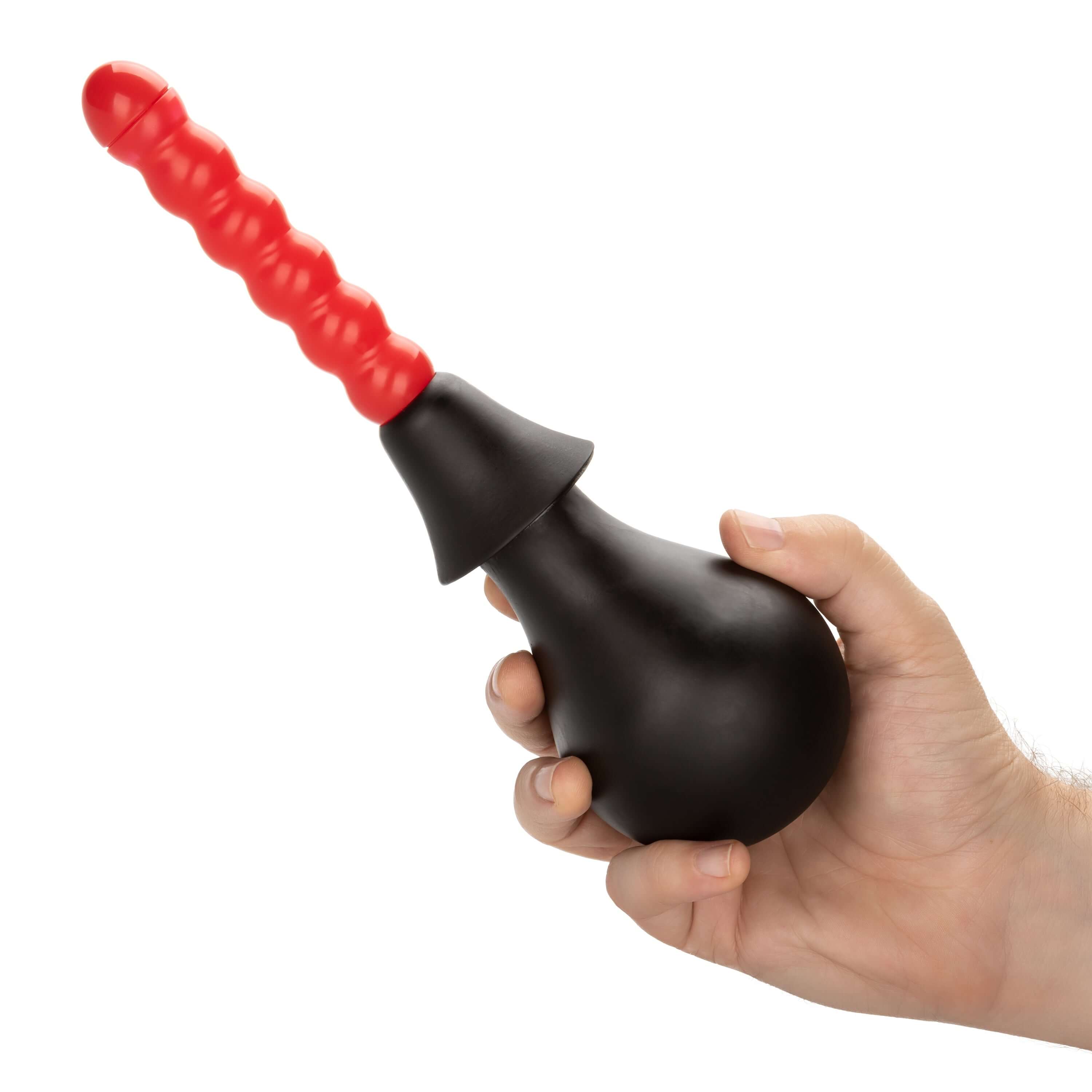 Ribbed Anal Douche handheld with a ribbed, flexible red nozzle for effective anal cleansing and added stimulation.