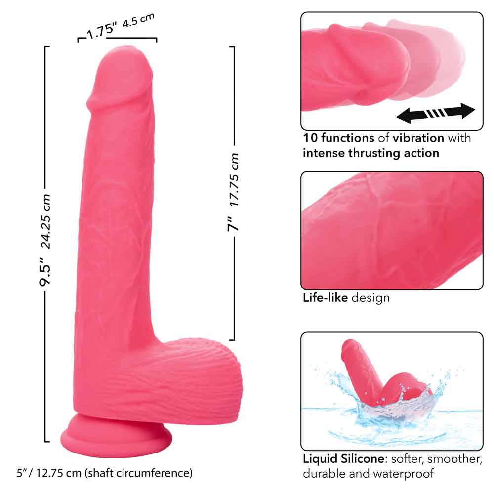Rechargeable pink silicone stud with thrusting and rumbling features, life-like design, and 10 intense functions for powerful sensations