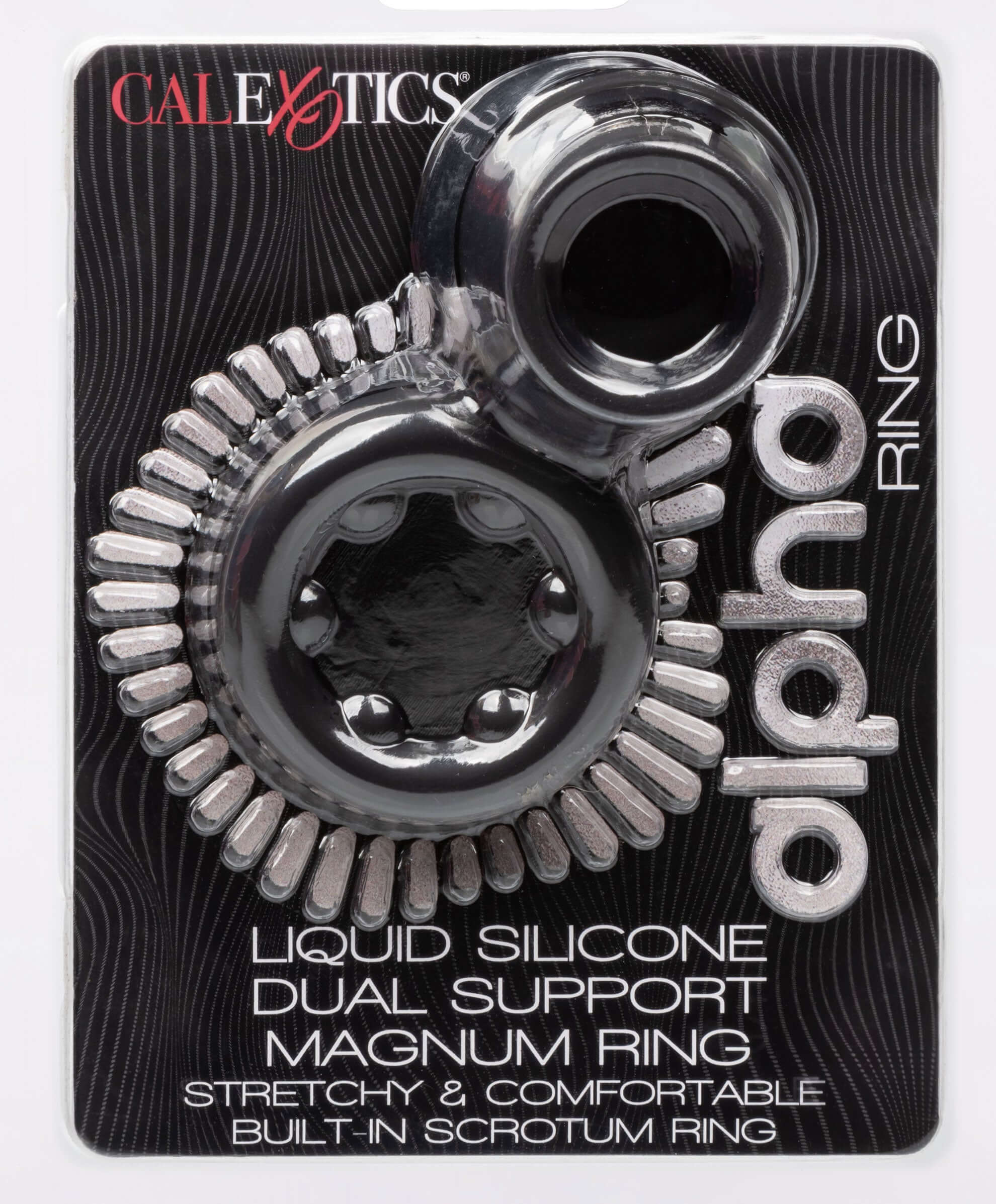 Alpha Liquid Silicone Dual Support Magnum Ring Black packaging featuring its unique design and features.