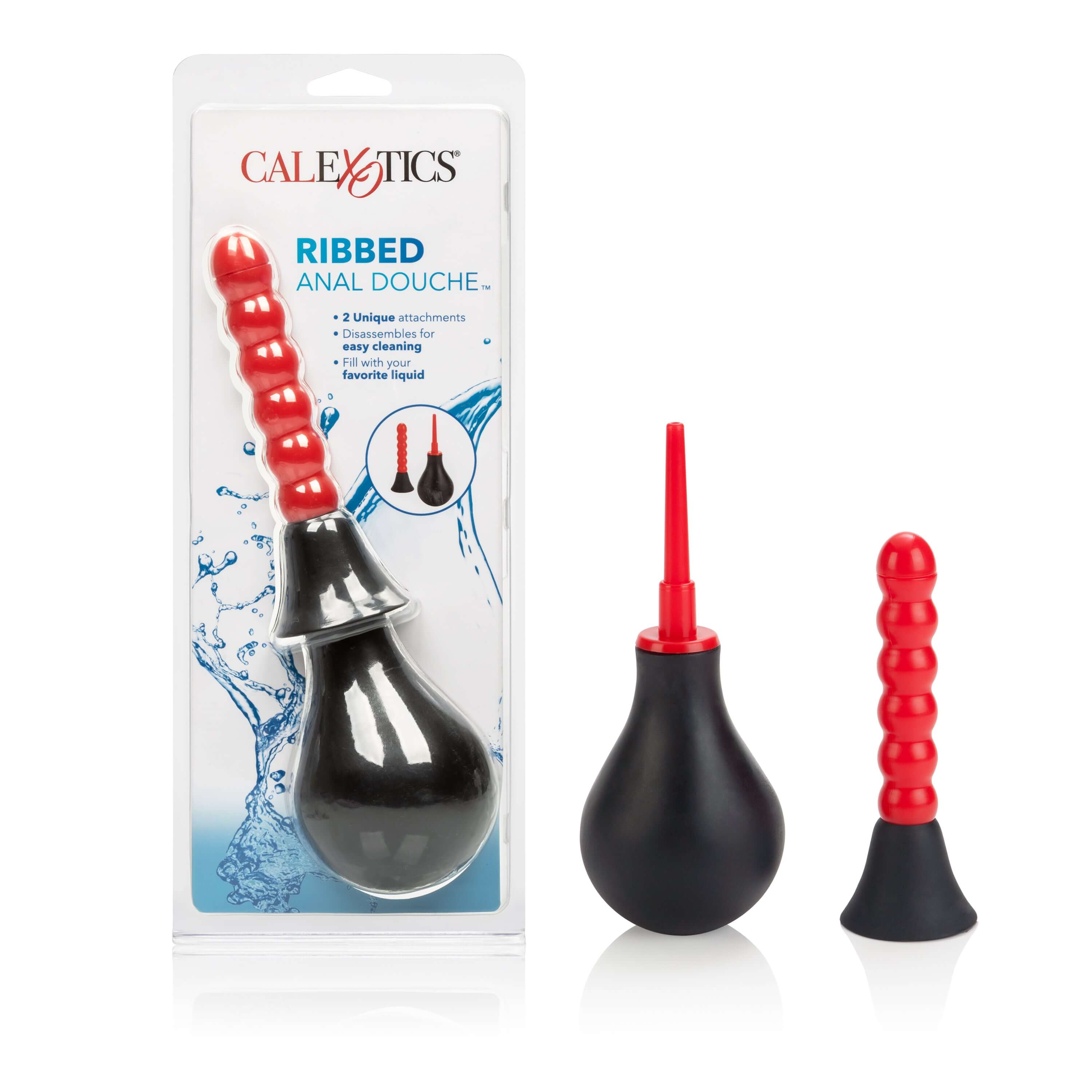 Ribbed Anal Douche product packaging with two attachments for anal cleaning and stimulation.