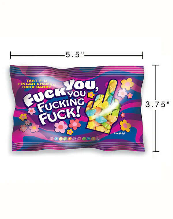 Fuck You You Fucking Fuck Candy 3 Oz Bag with colorful finger-shaped candies in a vibrant packaging.