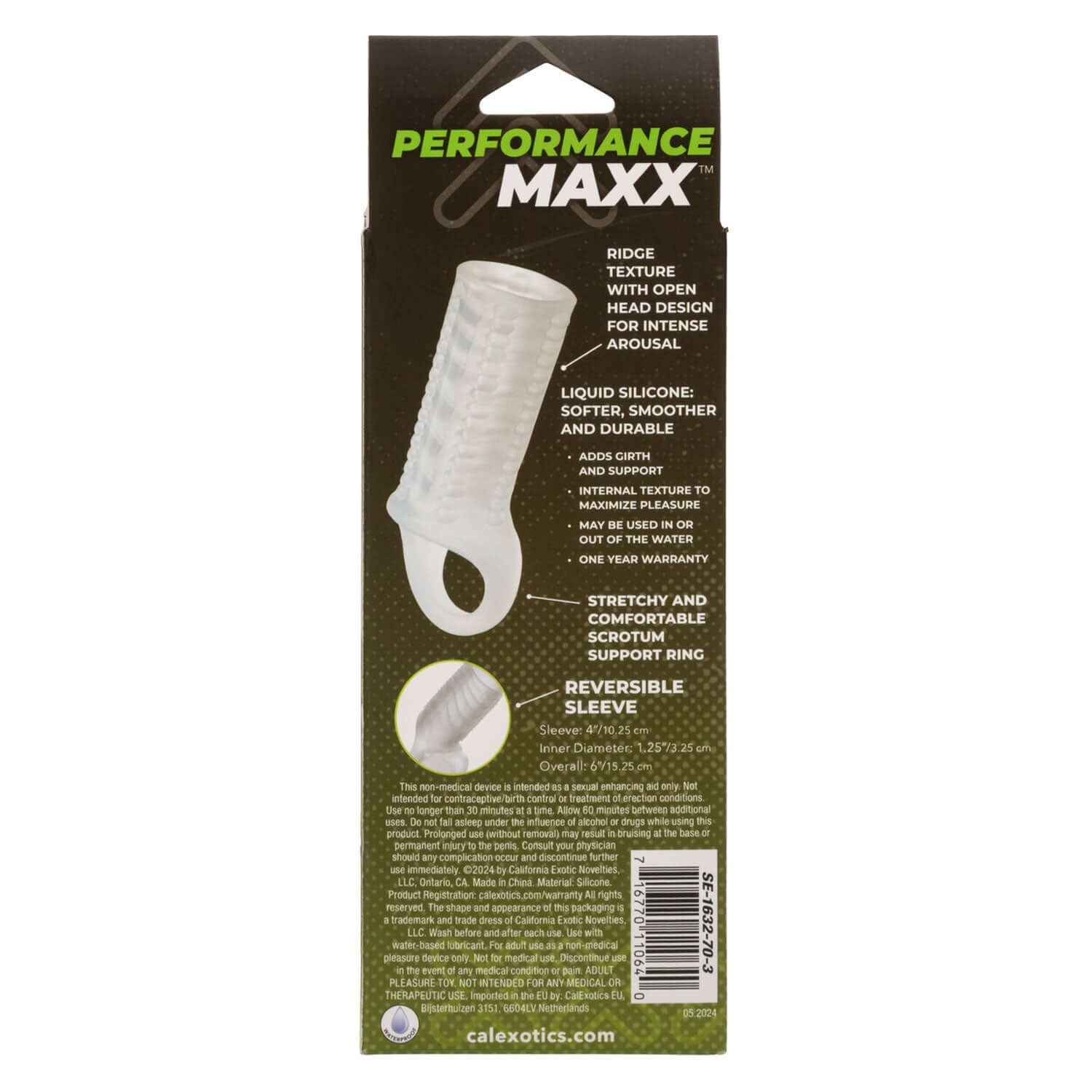 Performance Maxx Liquid Silicone Reversible Sleeve Clear packaging back view showcasing texture and features.
