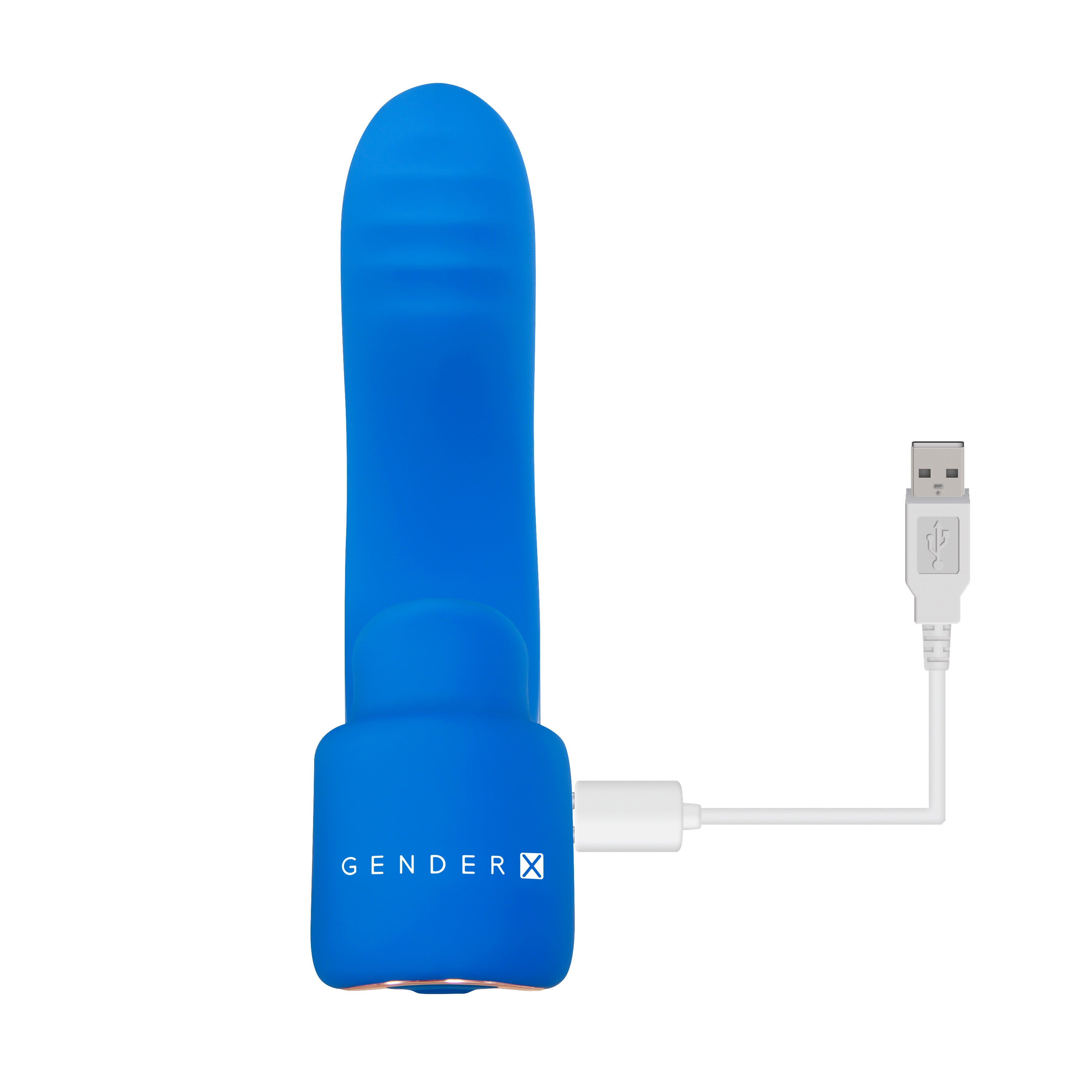 Gender X Flick It Rechargeable Silicone Vibrator Blue with USB charging cable and ergonomic design.