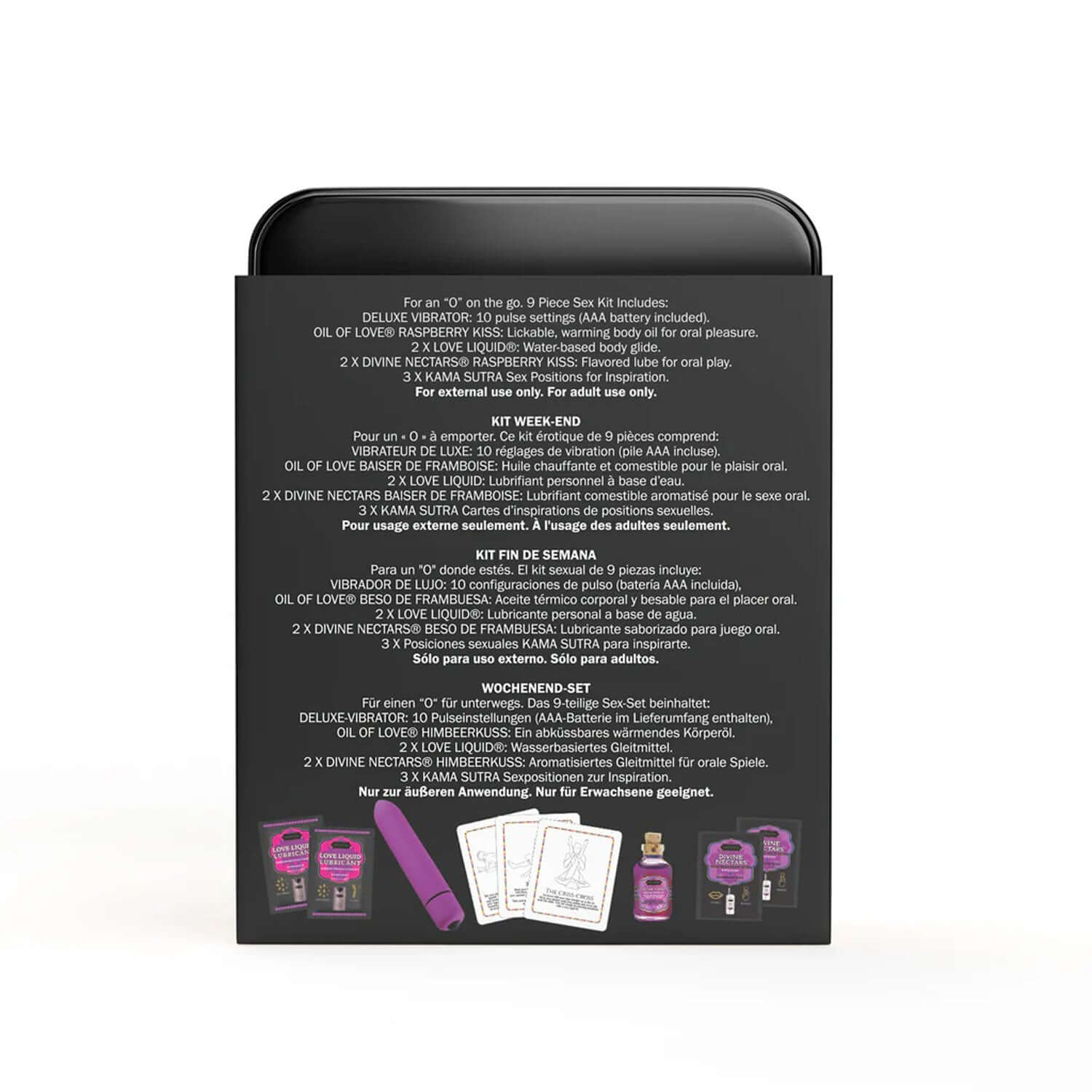 Kama Sutra Weekender Kit Vibe Raspberry Dreams packaging with mini bullet vibe and personal care essentials displayed on the box.