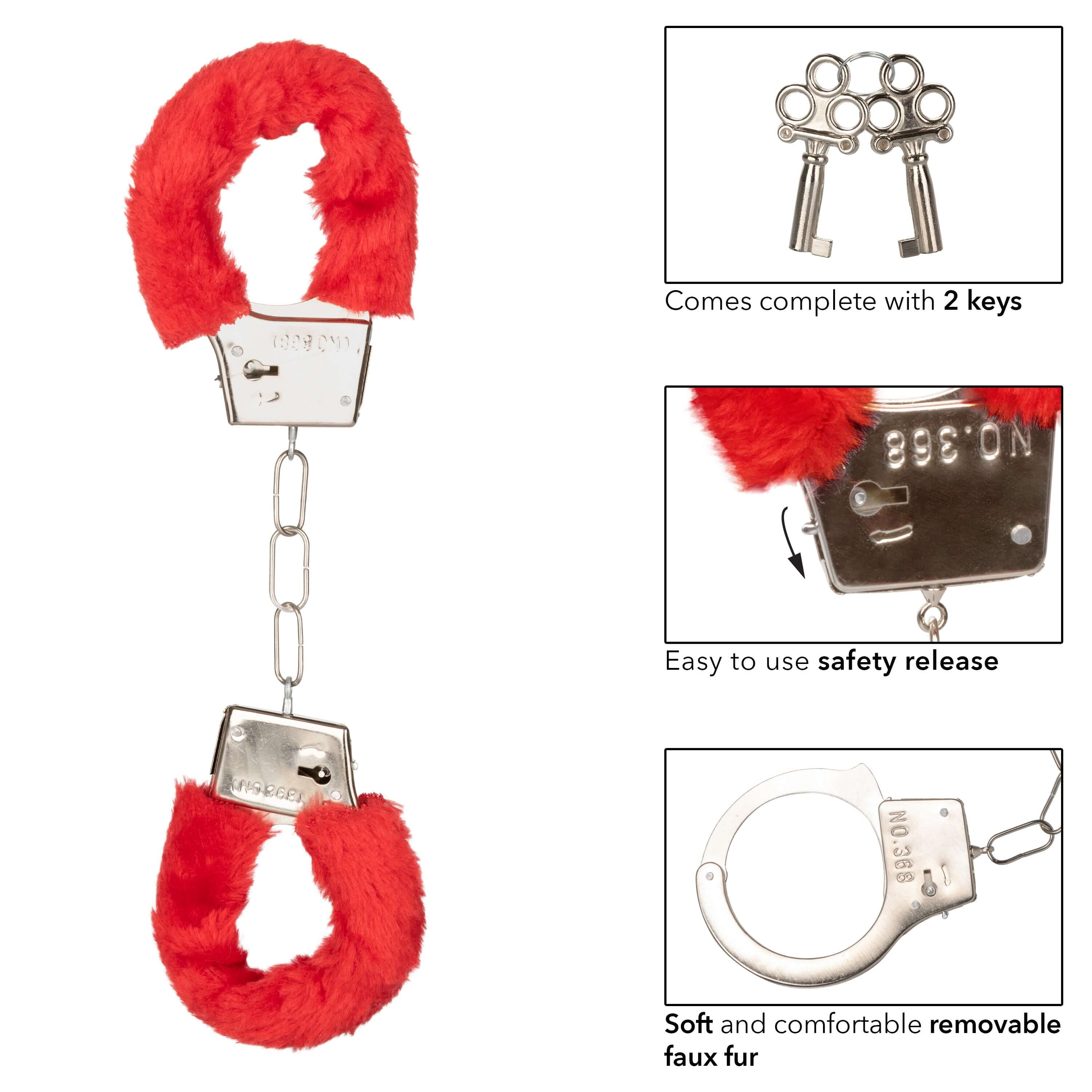 Playful Furry Cuffs Red feature soft faux fur with safety release and key option for playful bondage.