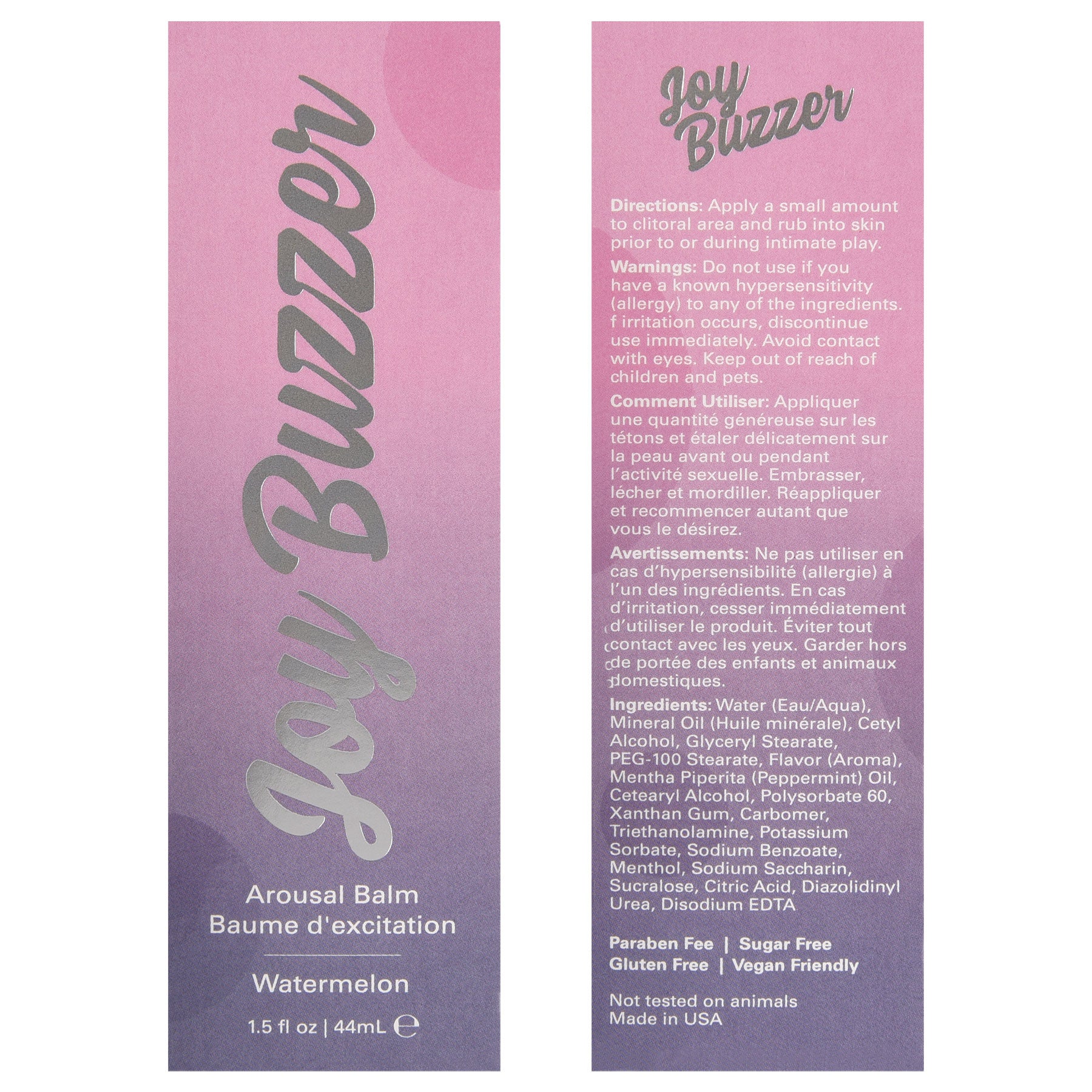 Joy Buzzer Arousal Balm Watermelon 1.5 Oz packaging featuring directions and ingredient list for enhancing clitoral stimulation.