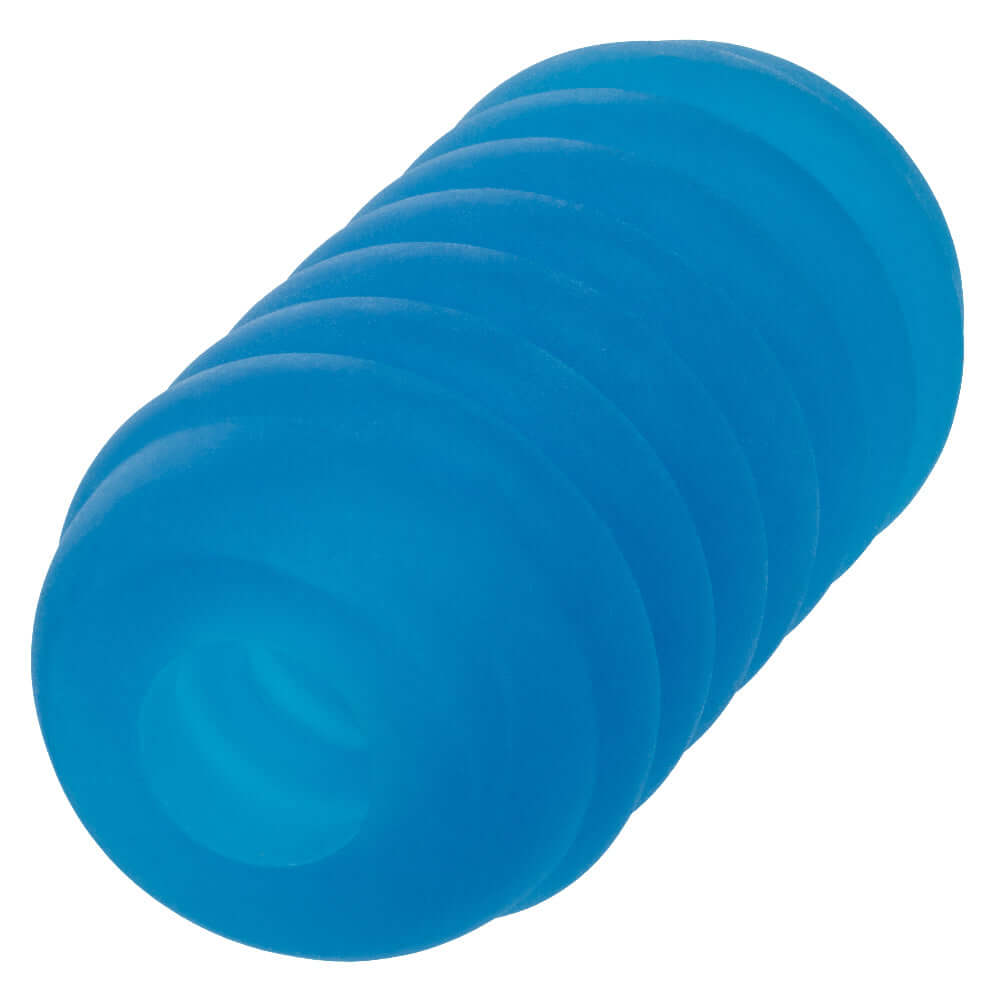 Blue ribbed masturbation sleeve Pop Sock, soft stretchy material with a unique textured interior for a distinct and thrilling experience.