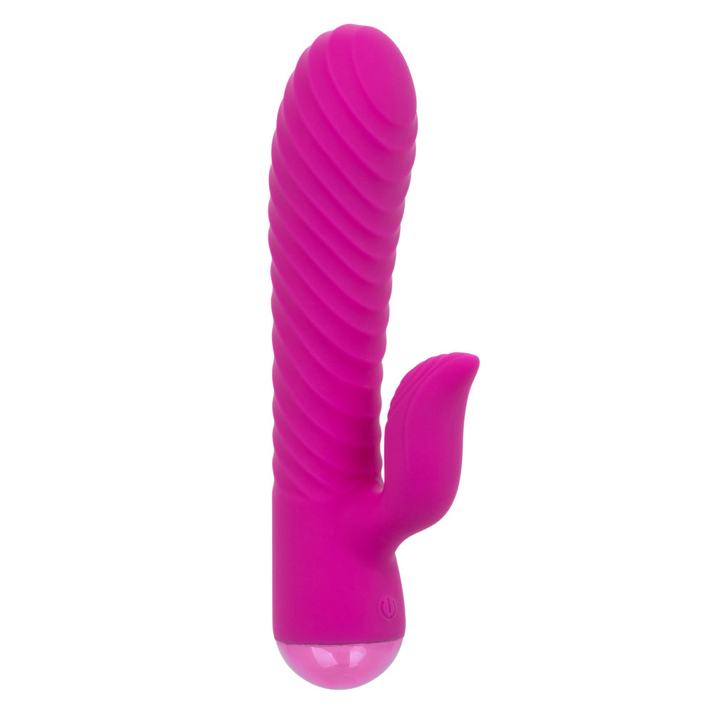 Extra Thicc Chubby Gyrating Tickler Pink - a bright pink waterproof massager with ribbed design and curved shaft.