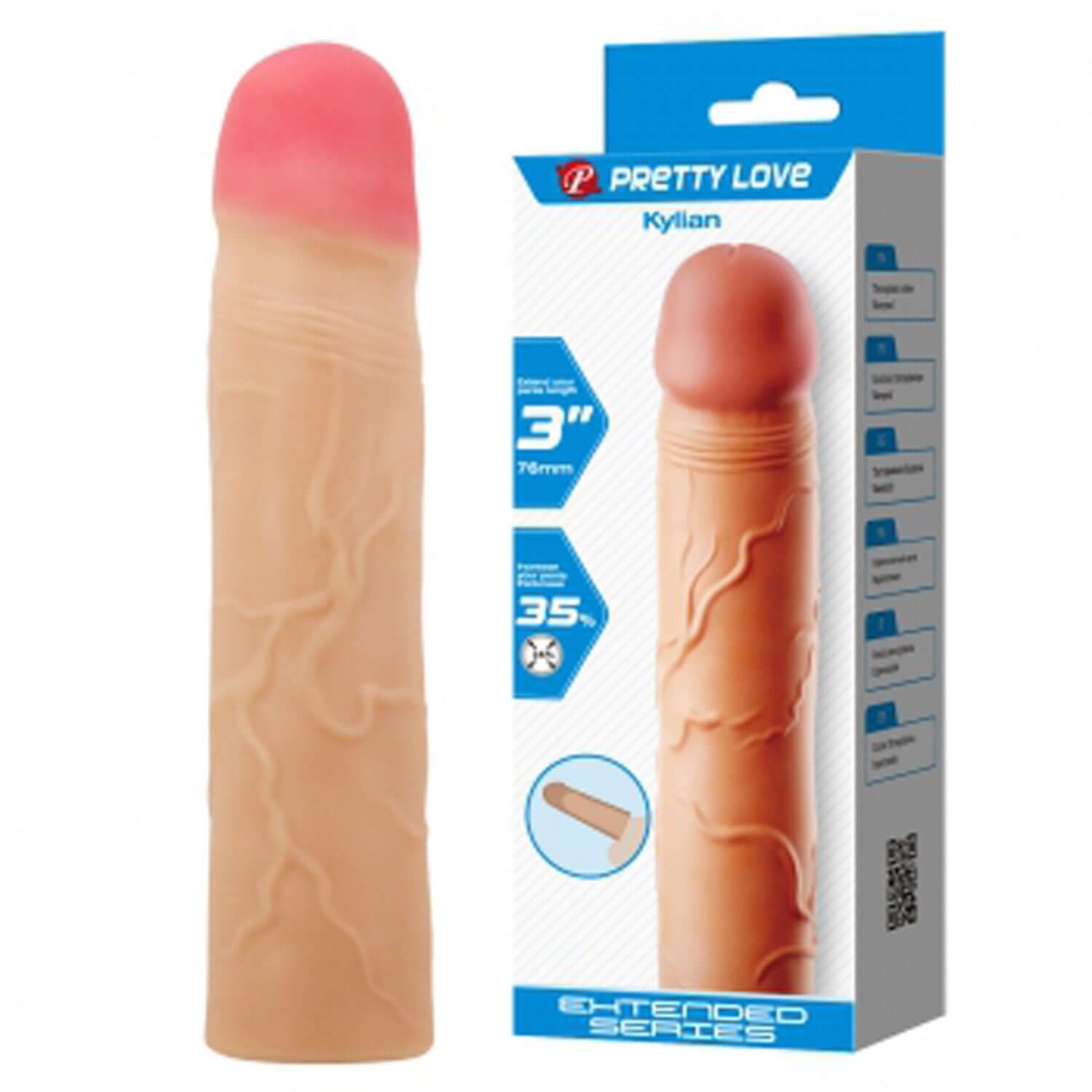 Kylian extended penis sleeve showcasing ultra-realistic texture, 3-inch length, and 35% girth enhancement for lifelike pleasure.