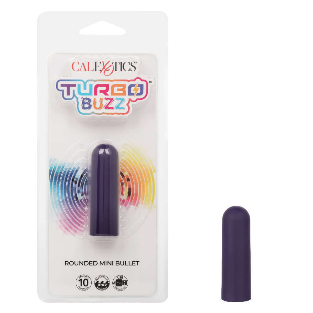 Turbo Buzz Rounded Mini Bullet in Purple with packaging, 10 vibration functions, waterproof, body-safe material