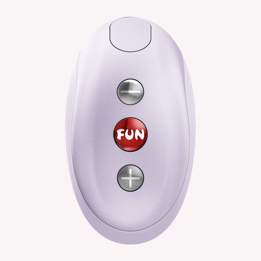 Fun Factory Mea Air Pulse Vibrator Purple remote control with buttons for customizable clitoral stimulation.