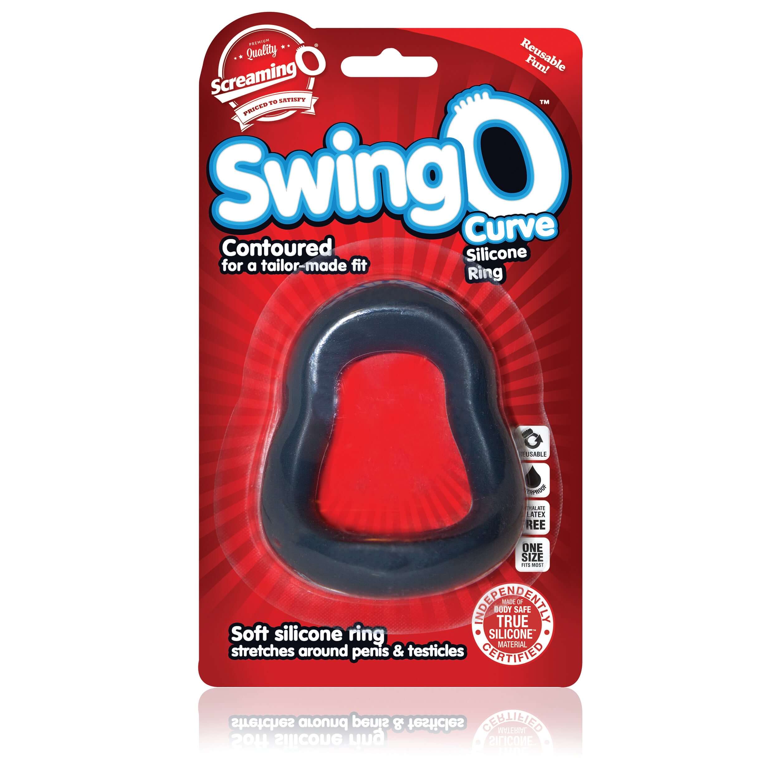 Swingo Curve Silicone Ring Grey packaging featuring a contoured design for a tailored fit and comfort.