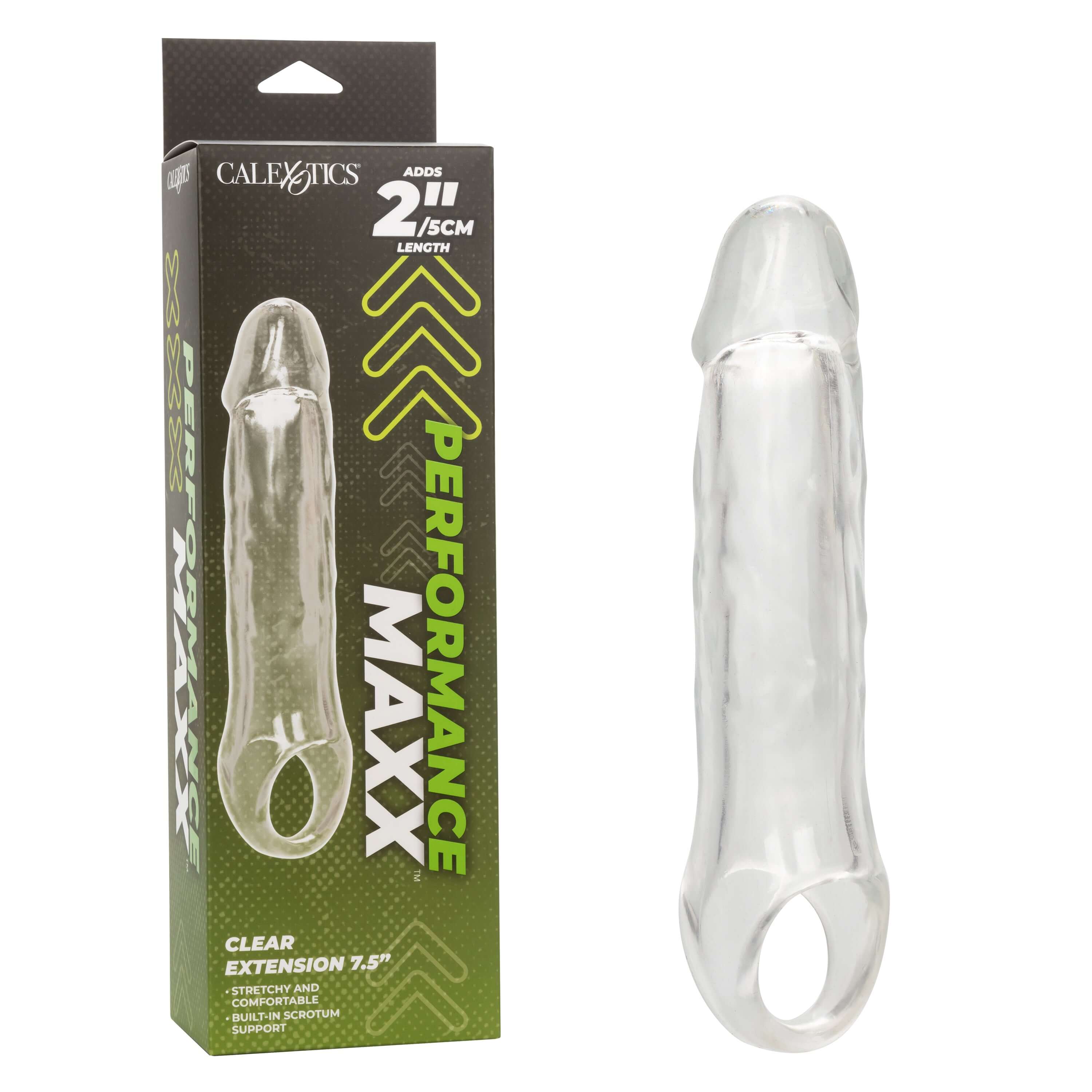 Performance Maxx Clear Extension 7.5 Inch Clear packaging and product, designed for added length and pleasure.