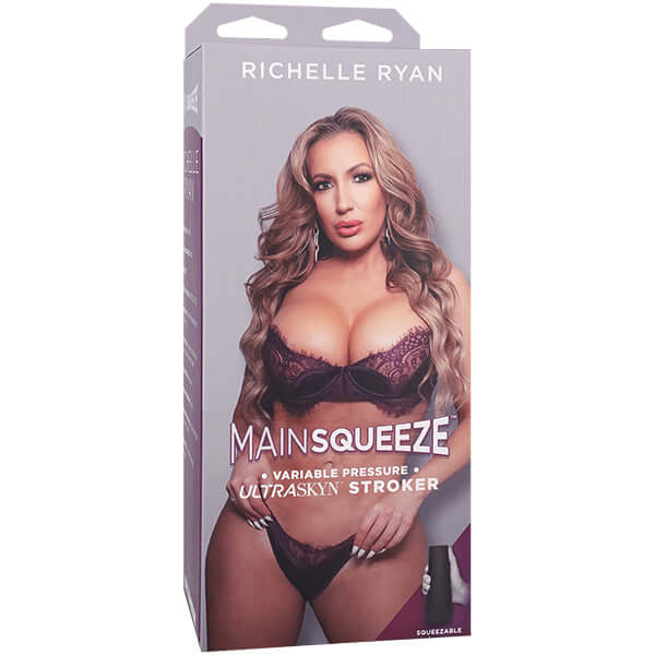 Main Squeeze Richelle Ryan Ultraskyn Masturbator packaging featuring lifelike design and variable pressure stroker.