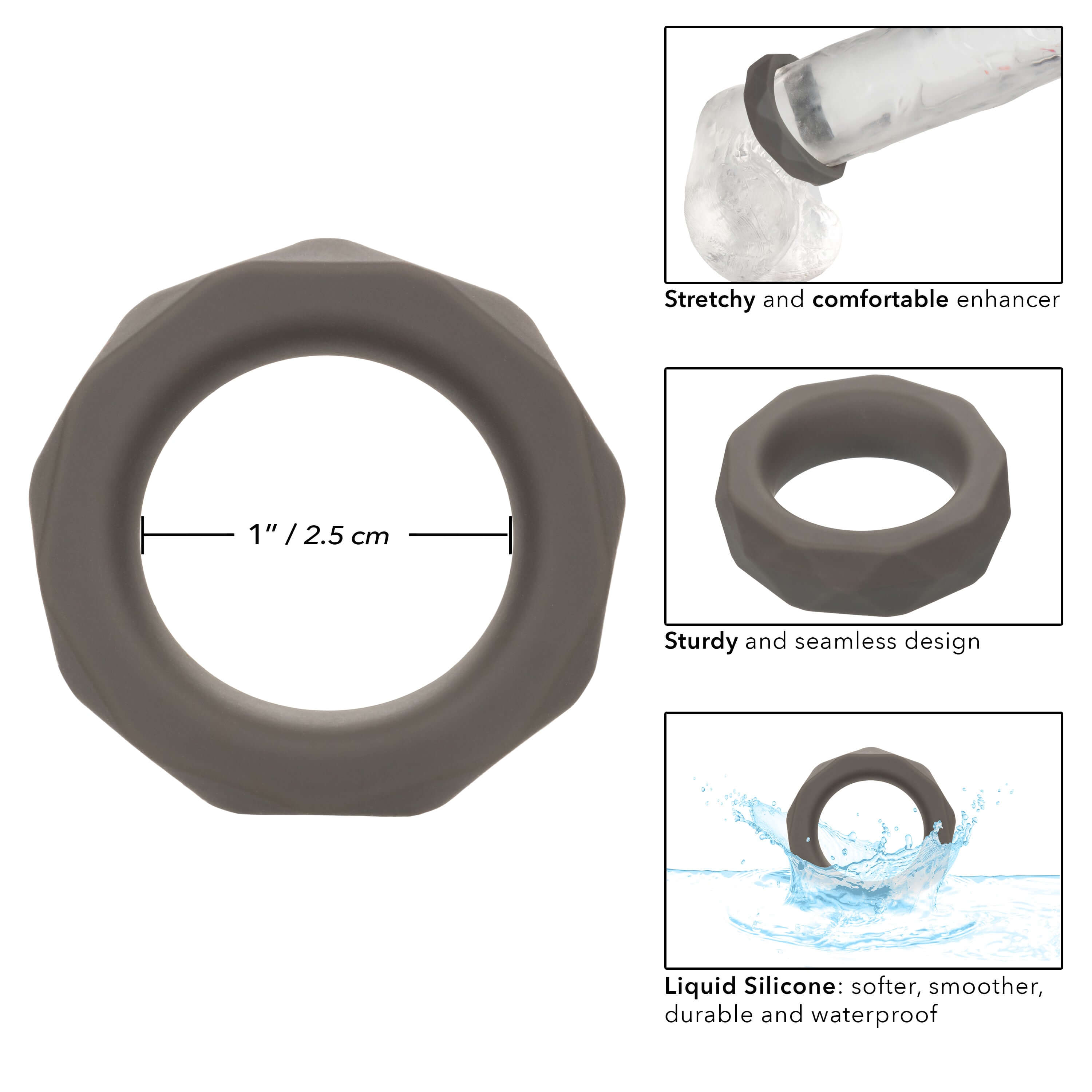 Alpha Liquid Silicone Prolong Prismatic Ring Gray features a durable and stretchy design for comfortable use.