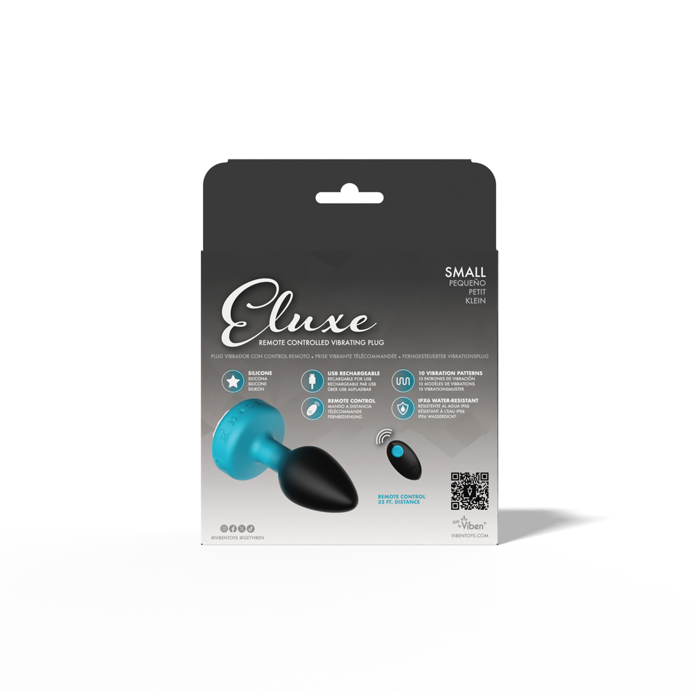 Cheeky Charms Eluxe Vibrating Anal Plug Small Teal packaging showcasing features and sleek design.