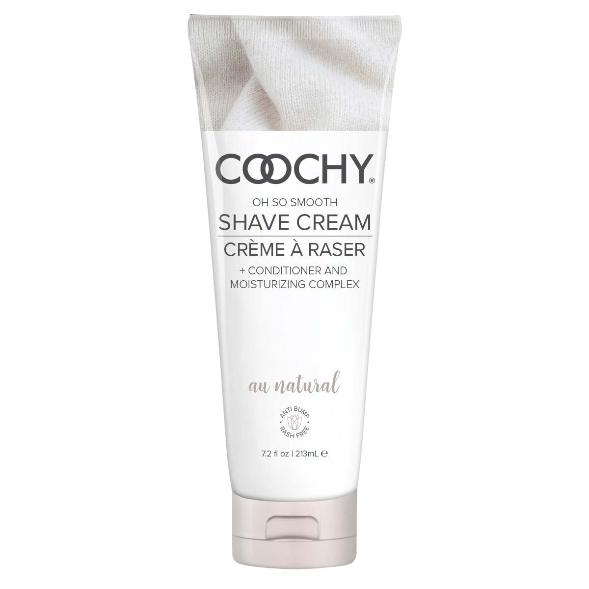 Coochy Shave Cream Au Natural 7.2 Oz packaging featuring a premium, fragrance-free shaving formula for sensitive skin.