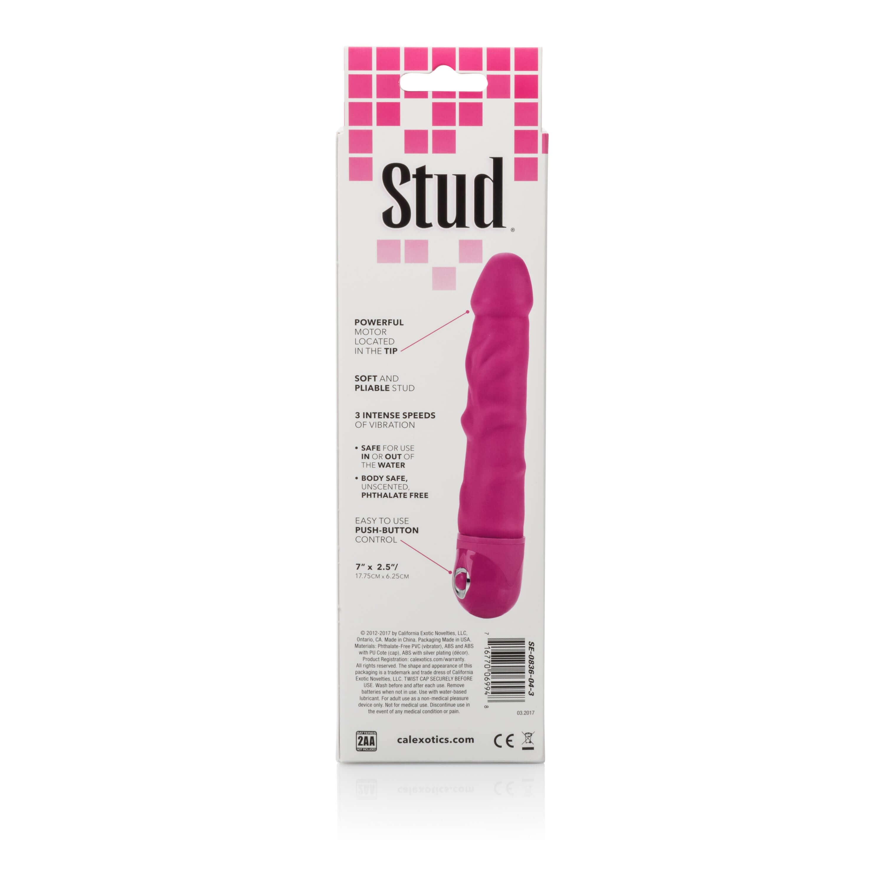 Waterproof Power Stud Rod Dong Pink packaging showcasing its features and specifications, including 3 intense speeds.