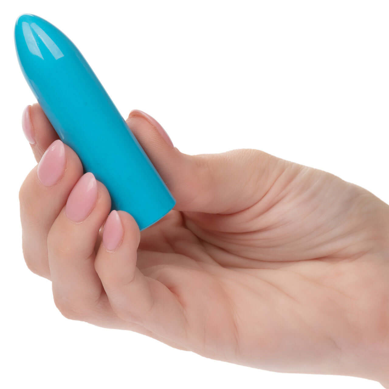 Hand holding the Turbo Buzz Classic Mini Bullet in blue, a compact stimulator with 10 vibration functions.