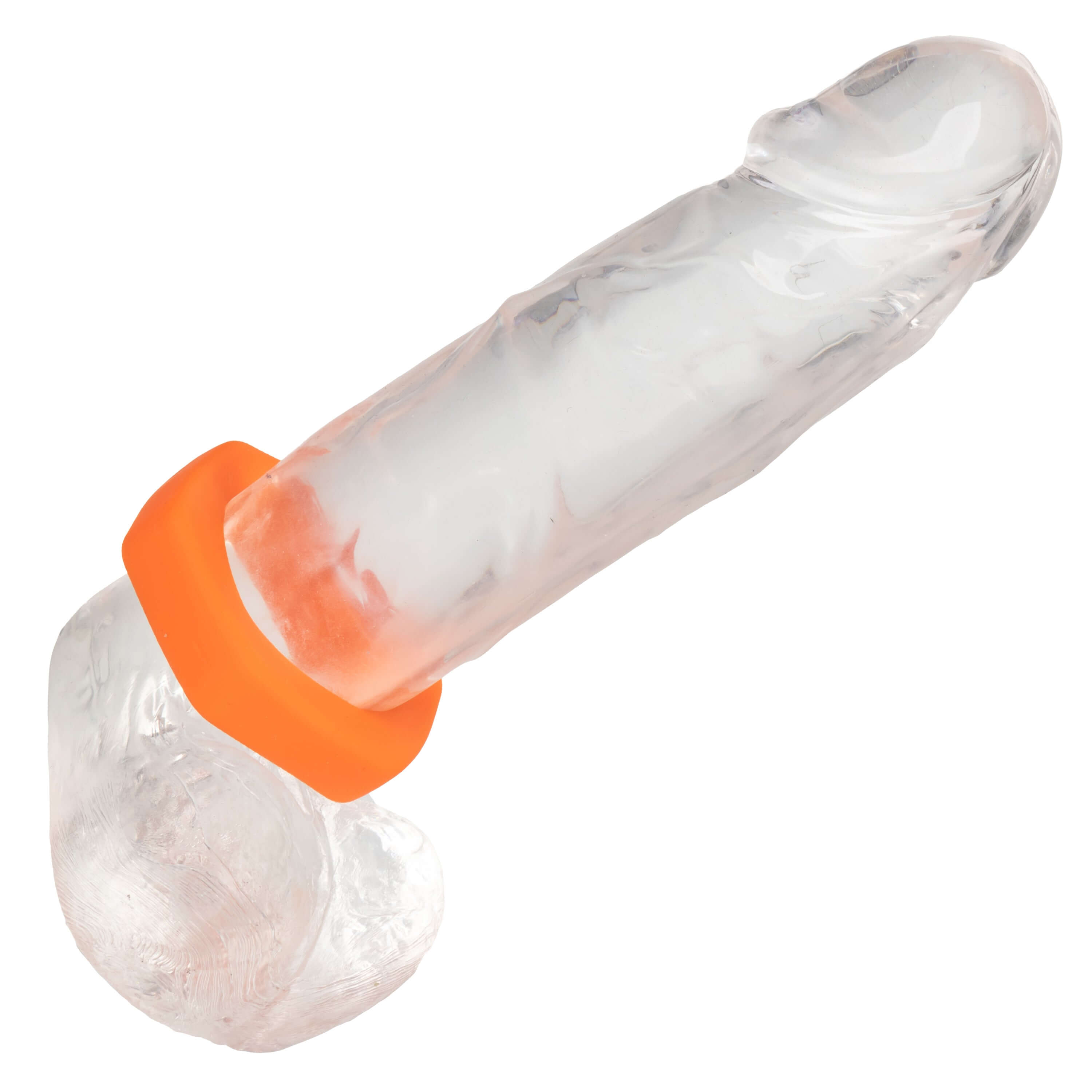 Image of Alpha Liquid Silicone Prolong Sexagon Ring Orange on a clear product, highlighting its secure fit and design.