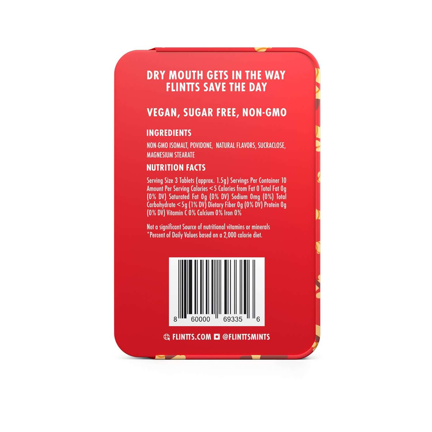 Flintts Mouth Watering Mints Cinnamon Ginger F-Strength 300 information on the back of the packaging, showing ingredients and nutrition facts.