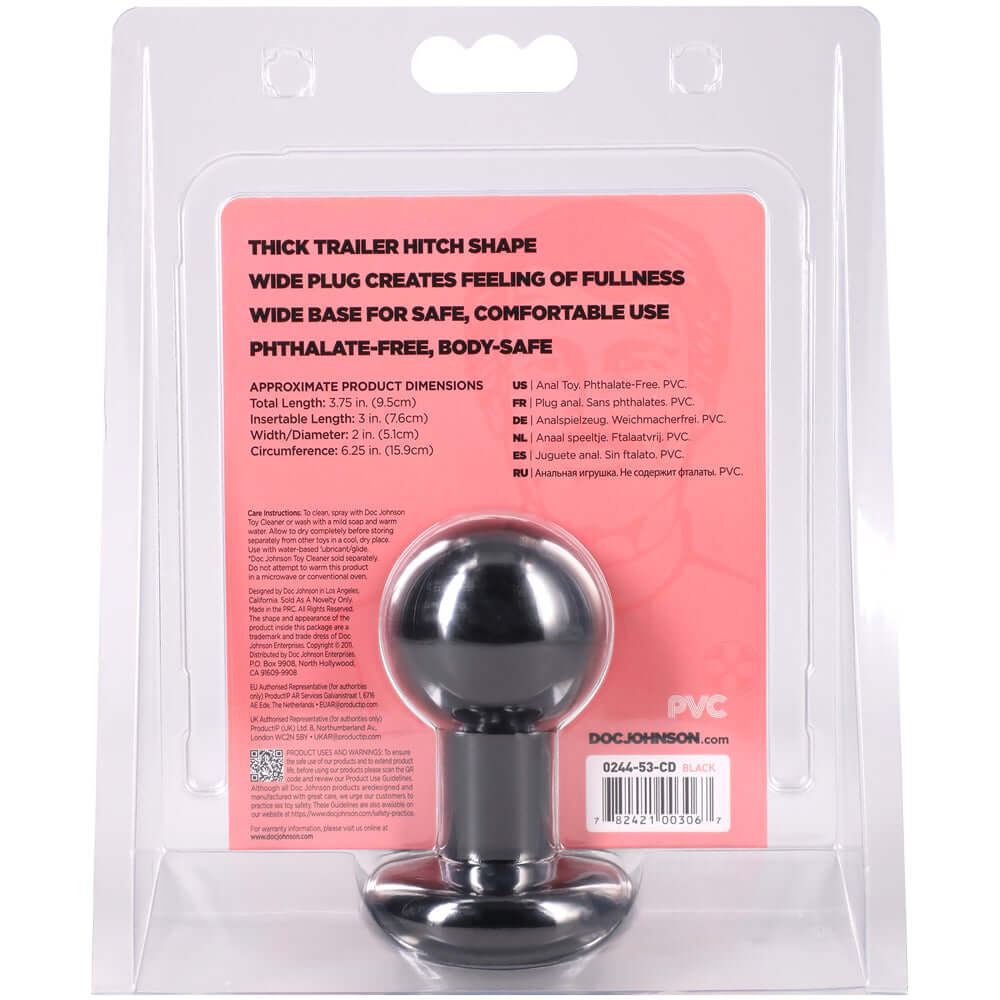 Round Butt Plug Small Black packaging featuring a thick trailer hitch shape and phthalate-free material.