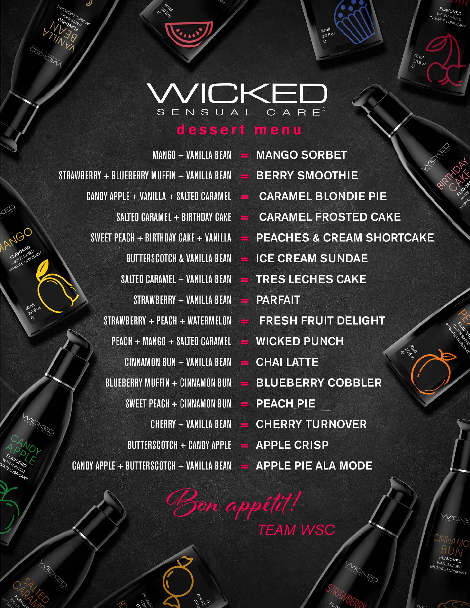 Wicked Aqua Vanilla Bean Water Based Lubricant 4 Oz dessert menu showcasing flavors like mango sorbet and blueberry cobbler.