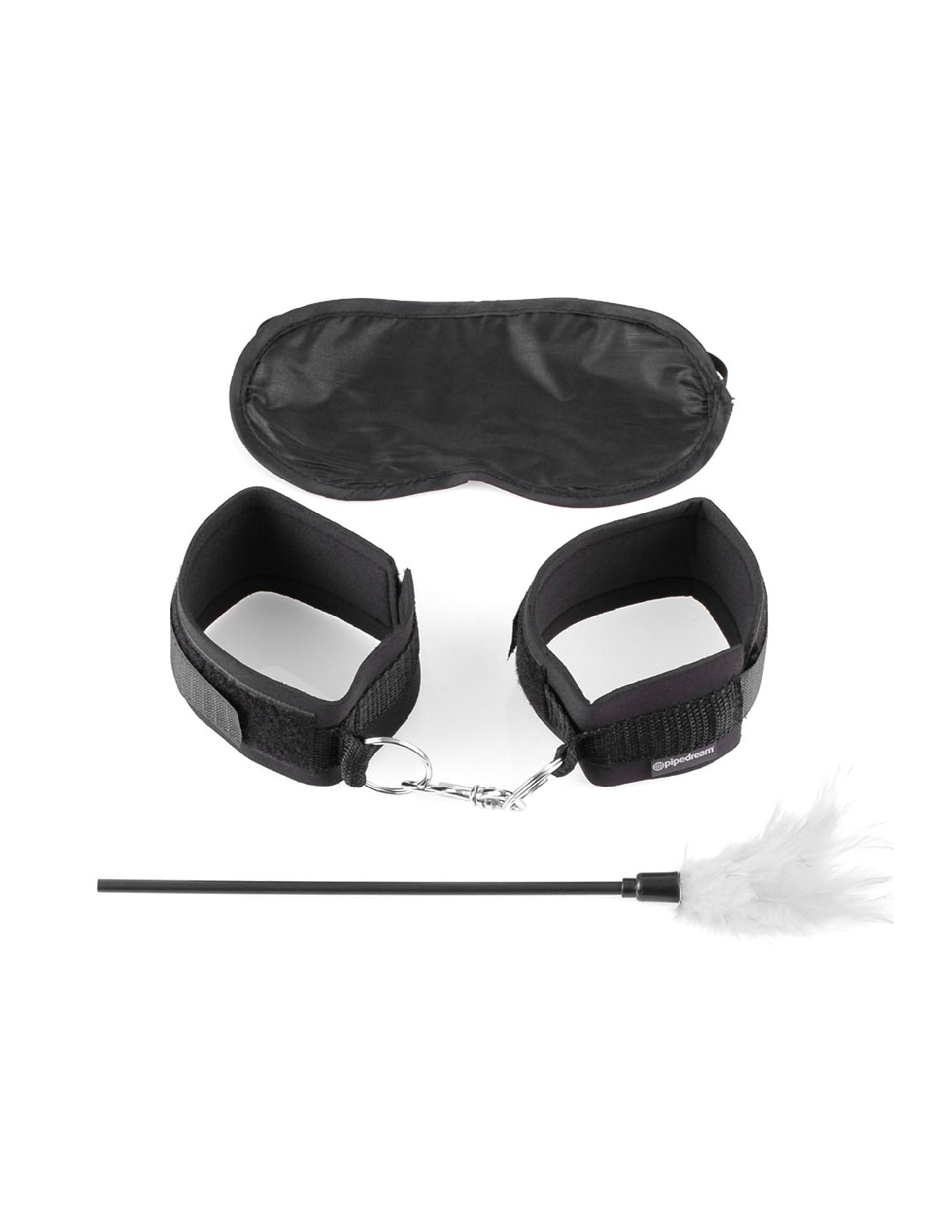 Fetish Fantasy Series Sensual Seduction Kit including cuffs, blindfold, and feather tickler.