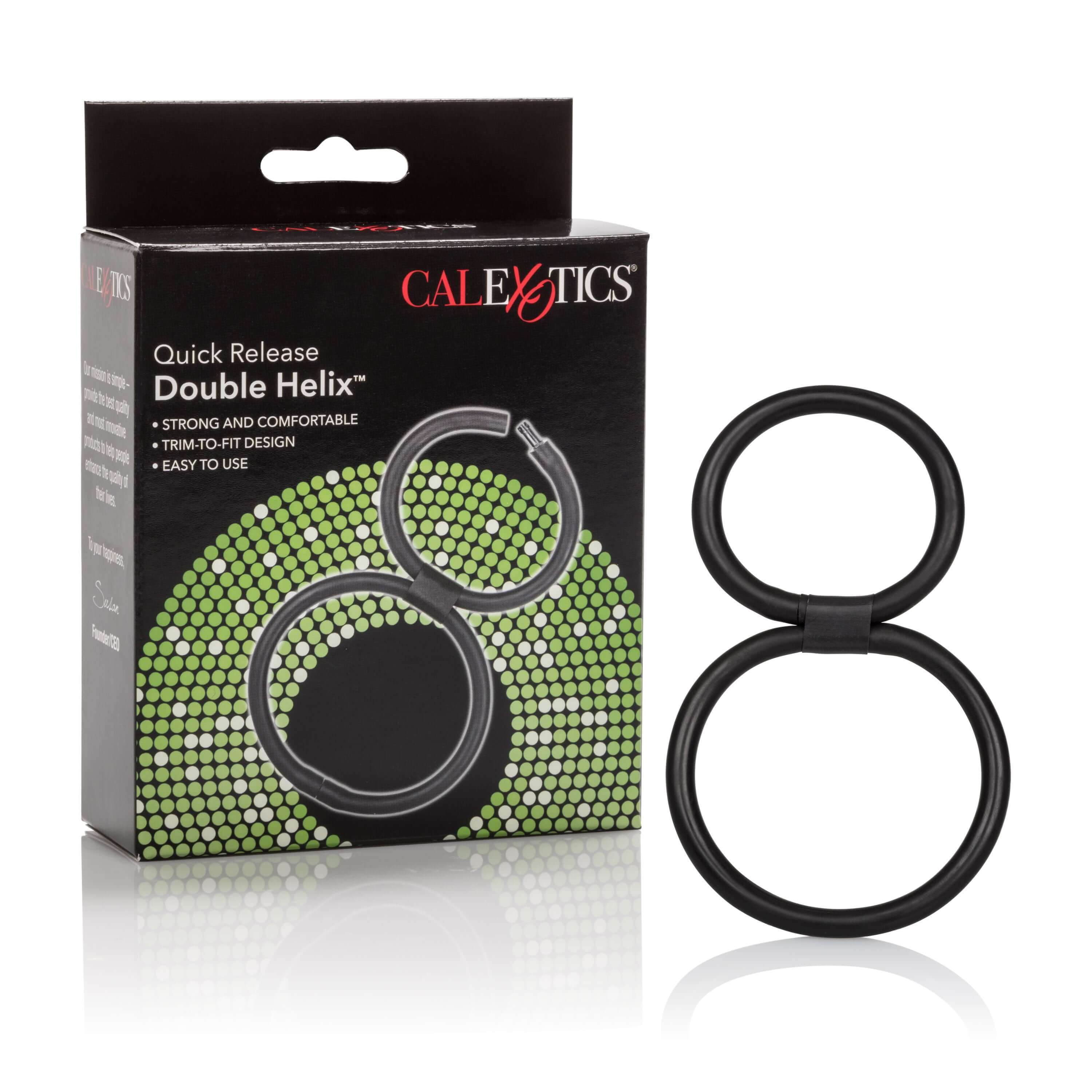 Quick Release Double Helix Cock Ring Black packaging with product details and design features.