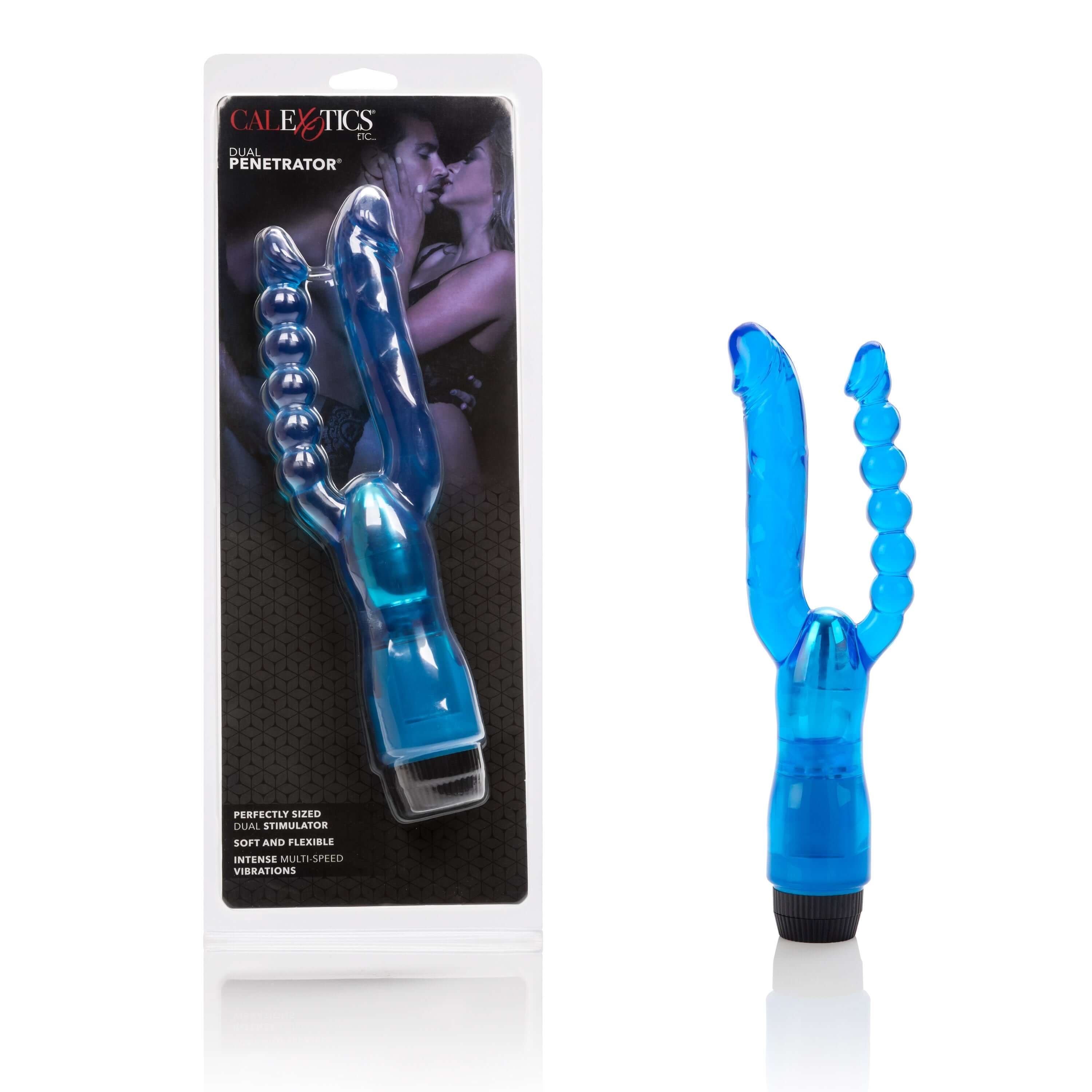 Dual Penetrator Flexible Vibrator Blue in packaging showcasing its design and features for enhanced pleasure.